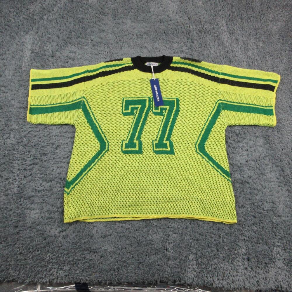 Aelfric Eden Sweater Mens XL Yellow Open-Knit Crew Neck Graphic Pullover NWT